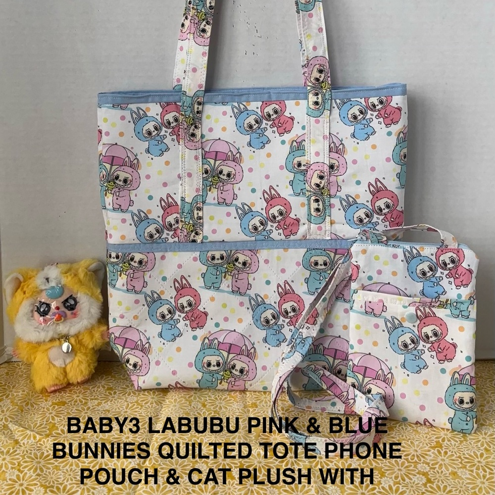 Cute Labubu Bunny Pink & Blue Quilted Tote Phone Pouch & BB3 Kitty Plush Set